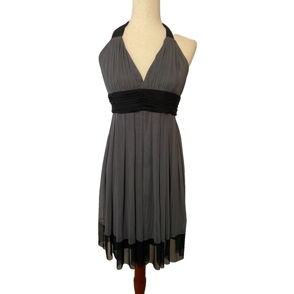 Vintage Y2K London TimesGray Black Halter Cocktail Dress Babydoll 12P Chiffon - Picture 1 of 9